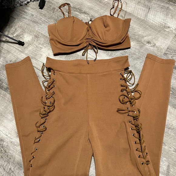 Fashion Nova Pants - Fashion Nova Tan Lace Up Pant & Crop Bustier Set